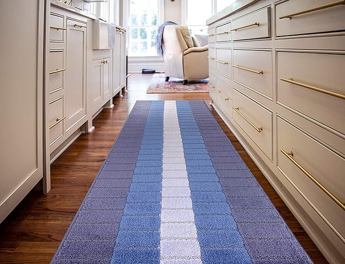 Custom Size Coastal Nautical Style Runner Rug Carpet for Hallway Entryway, Slip Resistant Latex Rubber Backed, 31 inch Wide X Customized Length, Squares Blue, 31 inch X 18 feet