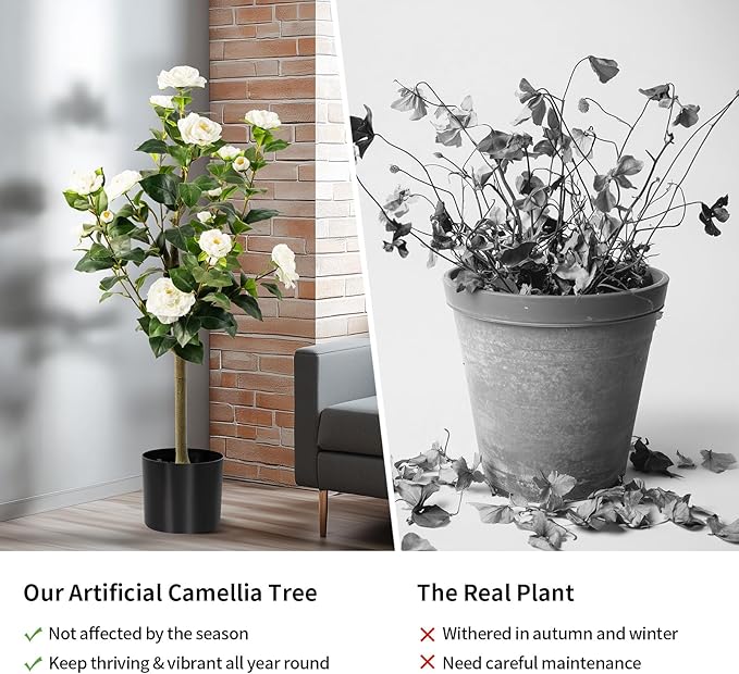 Artificial Camellia Tree 2 Pack, Artificial Plants Outdoor Faux Floral Plant in Cement Pot Fake Silk Camellia Tree Plants for Home House Living Room Office Decor