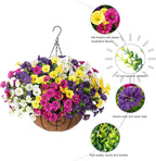 Artificial Faux Hanging Flowers Plants Baskets for Outdoors, Fake Silk Morning Glory in Planter UV Resistant Realistic Artificial Flower for Outside Porch Patio Balcony Garden Yard Home Decor