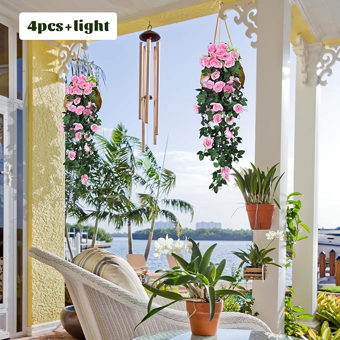 RECUTMS Fake Hanging Flower, 2PCS Artificial Rose Vine Plants Flowers Wedding Home Decoration and Wall Décor 3.3Ft (Pink)