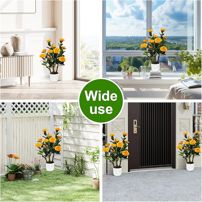 2Pack Artificial Camellia Tree, 2FT Faux Camellia Plant in Pot with Orange Flowers for Spring Home Front Door Outdoor Indoor Decoration,Orange
