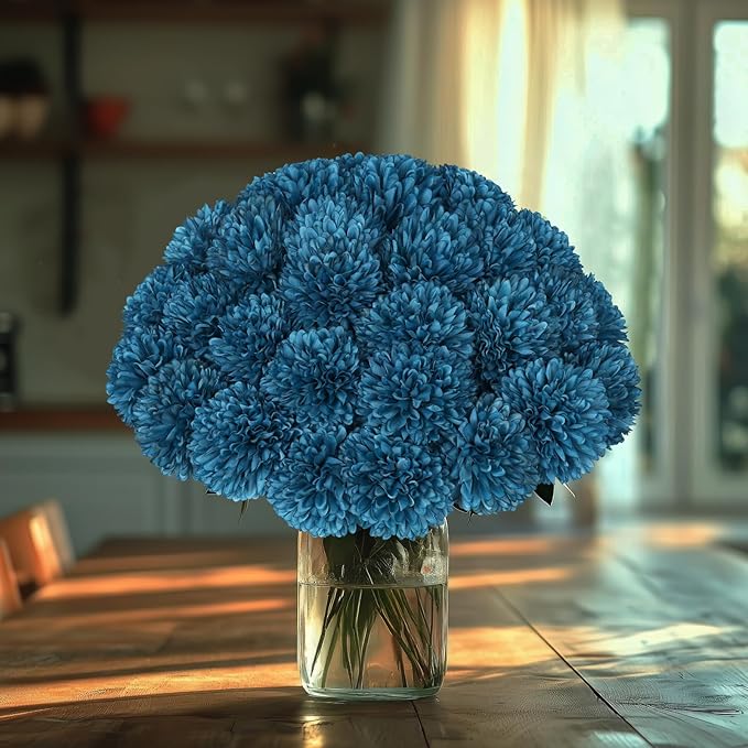 36 Pcs Artificial Chrysanthemums Flowers Silk Teal Ball Flower Fake Mums Flowers for Christmas Wedding Floral Table Centerpiece Home Decor