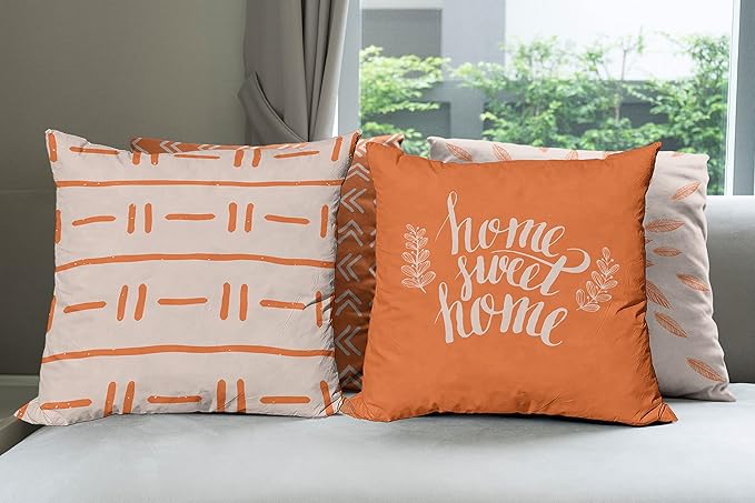 Ambesonne Modern Throw Pillow Cushion Case Pack of 4, Scandinavian Minimal Ornaments Boho Feather Leaves and Home Phrase, Modern Accent Double-Sided Digital Printing, 20", Pale Tan and Burnt Orange