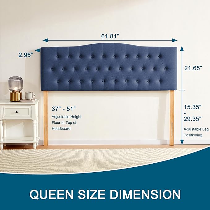 Tufted Upholstered Headboard Queen Size, Sturdy & Durable Solid Wood Bed headboard, Fabric Headboard Adjustable Height from 37” to 51”, Modern Button Diamond Design Head Board, Blue