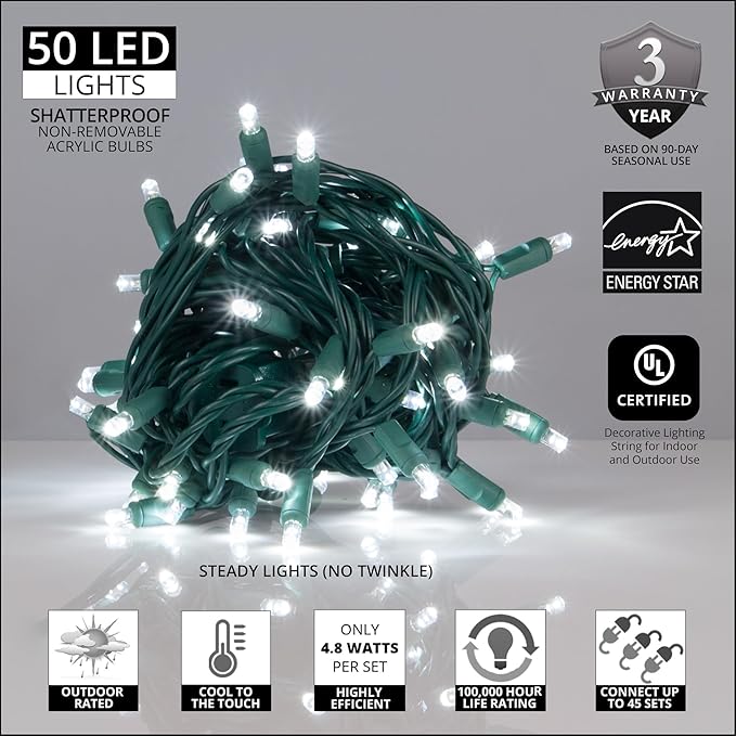 50 Count LED Cool White Christmas Lights, 25 ft Green Wire Indoor/Outdoor Commercial Grade Wide Angle Mini String, 6" Spacing, 5mm Bulbs