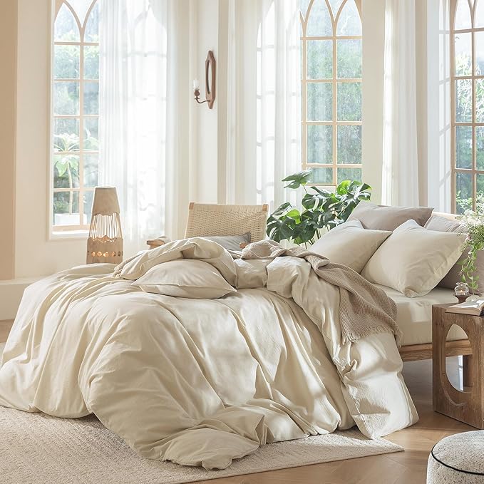 MooMee Bedding Duvet Cover Set 100% Washed Cotton Linen Like Textured Breathable Durable Soft Comfy (Heathered Almond Milk Grey, Twin 68"x90")