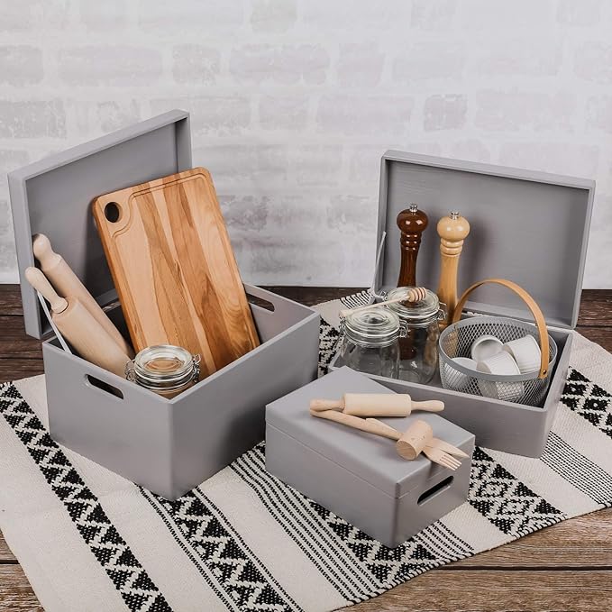 XL Grey Wooden Box Storage with Hinged Lid | 15.8 x 11.8 x 5.5 inches (+-0.5) | with Handles | Gift Box for Tool Dog Toy Shoes Clothes Kitchen Storage Document | Wood Keepsake Ches