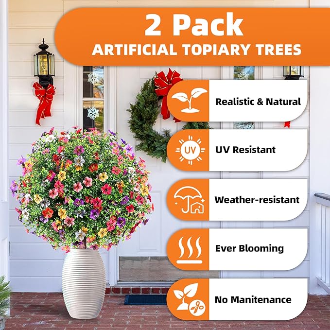 27.5" Artificial Boxwood Topiary Ball Trees with Colorful Flowers, Set of 2 Fake Shrubs Bushes with Ground Spike, UV Resistant Faux Evergreen Plants for Outdoor Planters Front Porch Garden Decor