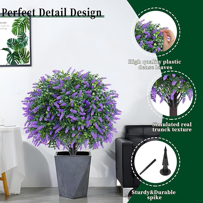 Artificial Lavender Topiary Ball Trees,2 Set of 16'' UV Resistant Fake Evergreen Shrubs Bushes Plants with Ground Spike, Fake Plants for Outdoor Indoor Front Porch Garden