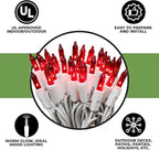 612 Vermont 50 Red Christmas Lights on a White Wire String, UL Approved, Indoor and Outdoor Use, 9 Foot of Lighted Length, 11 Foot of Total Length