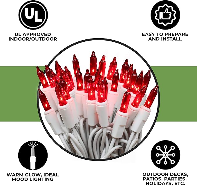 612 Vermont 50 Red Christmas Lights on a White Wire String, UL Approved, Indoor and Outdoor Use, 9 Foot of Lighted Length, 11 Foot of Total Length