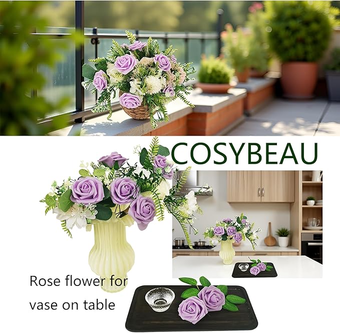 Artificial Rose Flowers 25pcs, Purple Foam Fake Rose Faux Flower for Wedding Bouquets Bridal Shower Centerpieces Floral Arrangements Home Decorations Party Backdrops Table