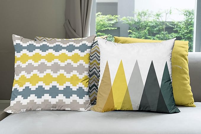 Ambesonne Modern Throw Pillow Cushion Case Pack of 4, Geometric Style Pattern of Triangles Zigzags Love Home Phrase Print, Modern Accent Double-Sided Digital Printing, 24", Yellow Slate Blue and Tan