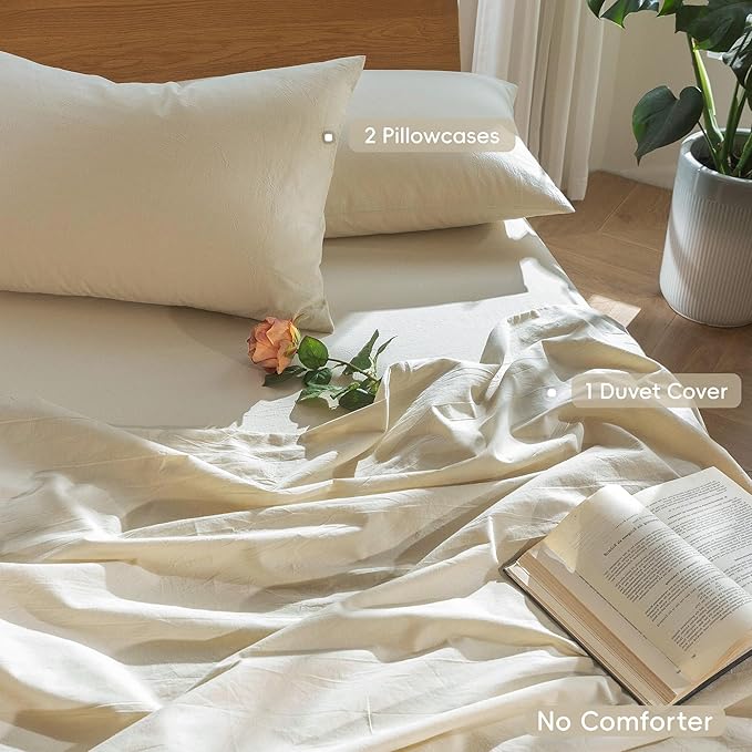 MooMee Bedding Duvet Cover Set 100% Washed Cotton Linen Like Textured Breathable Durable Soft Comfy (Heathered Almond Milk Grey, Full 80"x90")
