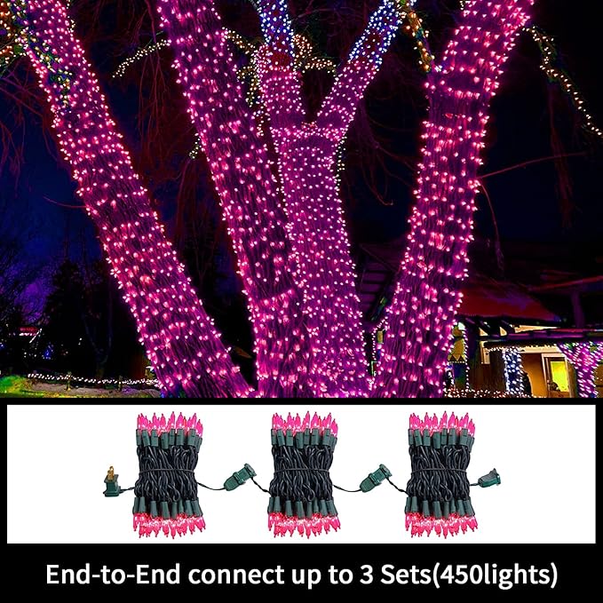 LAMPHOME Super-Bright Extendable Pink Christmas Lights Decoration 300Lights 63.8ft(2pk of 150L) UL Certified Mini Bulb String Lights Set for Outdoor Christmas Tree Garden Holiday Party Patio Decor