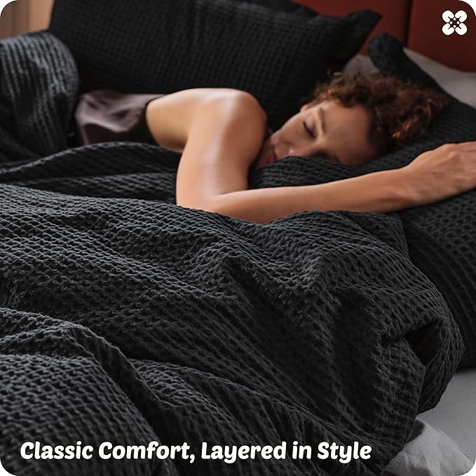 Bedsure Cotton Duvet Cover Queen Size - 100% Cotton Waffle Weave Black Duvet Cover Queen Size, GentleSoft™ and Breathable Bedding Set for All Season, 3 Pieces, 90"x90"