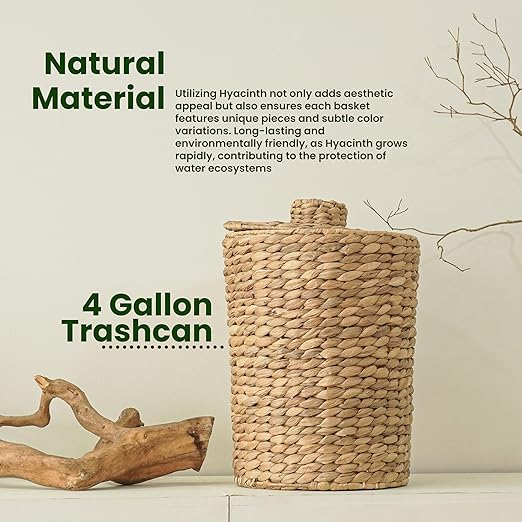 4 Gallons Wicker Waste Basket - Water Hyacinth Bathroom Garbage Can with a Lid - Bathroom Trash Can Boho Style - Wicker Trash Can with Lid for Household, Kitchen - Removable Liner, Iron Frame