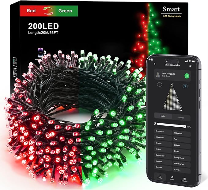 Brizled Smart Christmas Lights, 66FT 200 LED Color Changing Christmas Tree Lights App & Voice Control, Dimmable Red & Green WiFi Xmas String Light Music Sync for Indoor Outdoor Xmas Tree Wedding Party