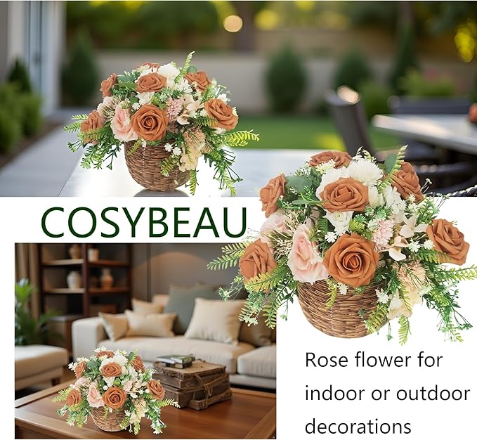 Artificial Rose Flowers 25pcs, Burnt Orange Foam Fake Rose Faux Flower for Wedding Bouquets Bridal Shower Centerpieces Floral Arrangements Home Decorations Party Backdrops Table