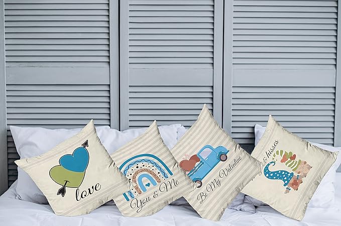 Ambesonne Romantic Throw Pillow Cushion Case Pack of 4, Love Hearts Arrow You and Me Be My Valentine Hugs Kisses Lettering, Modern Accent Double-Sided Digital Printing, 18", Ivory Blue and Olive Green
