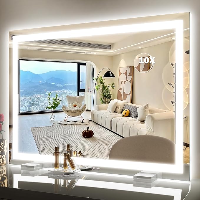 38"x28" Inch Large Lighted Vanity Mirror, 3-Color Lighting & Dimmable Modes, LED Makeup Mirror for Bathroom/Dressing Room (Wall/Tabletop Mount, White)