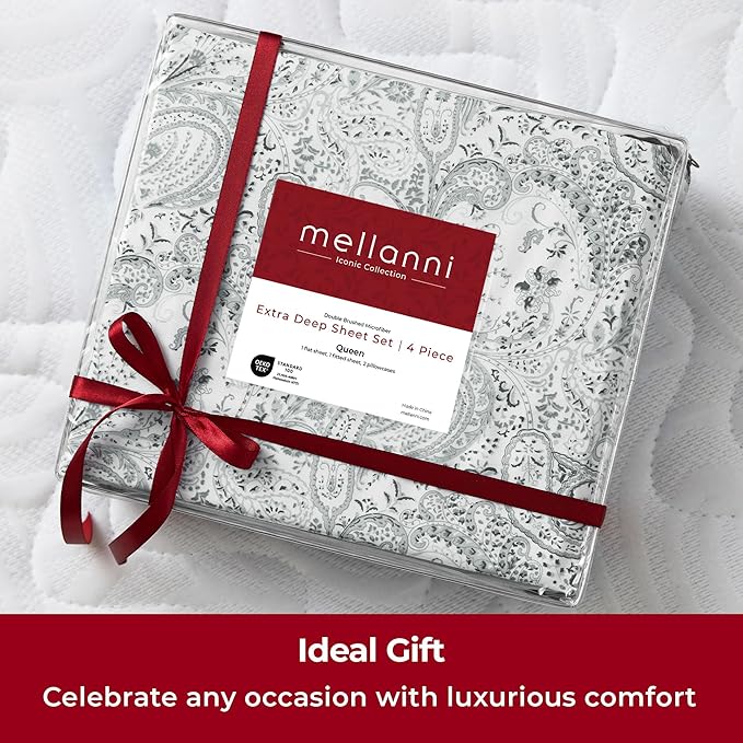 Mellanni Extra Deep King Sheets - 4 PC Iconic Collection Bedding - Hotel Luxury, Ultra Soft, Cooling Bed Sheets - Wrinkle, Fade, Stain Resistant (King, Paisley Gray)