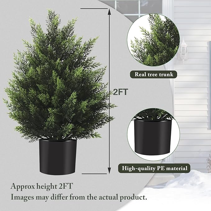 2FT Artificial Cedar Topiary Tree Lifelike Faux Cedar Pines Christmas Trees UV Rated Faux Shrubs Everygreen Plants for Front Porch Outdoor Decor Set of 2