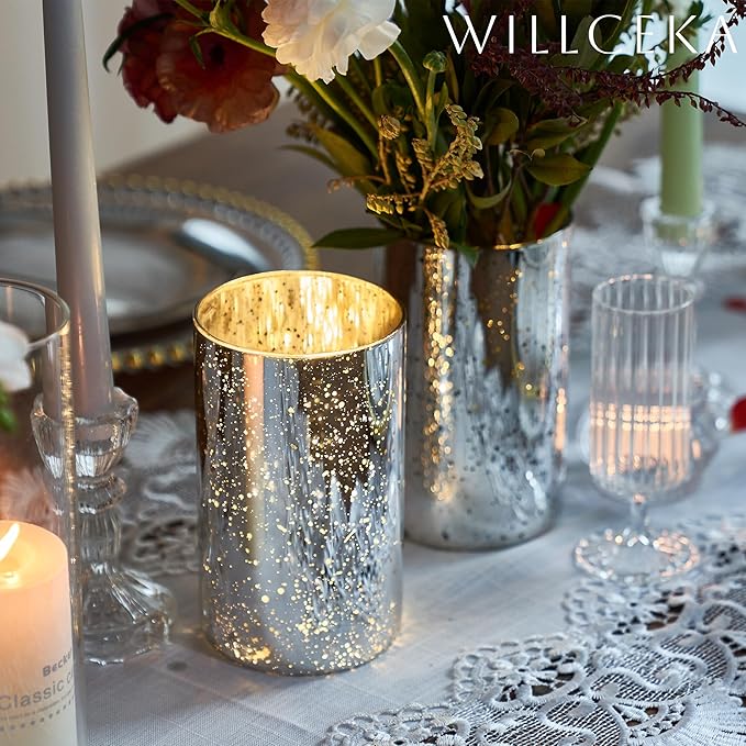 Silver Cylinder Vases for Centerpieces, Modern Glass Vase Set of 12 Decorative Hurricane Candle Holder for Pillar Candle Holders Flowers for Table Centerpiece, Sliver