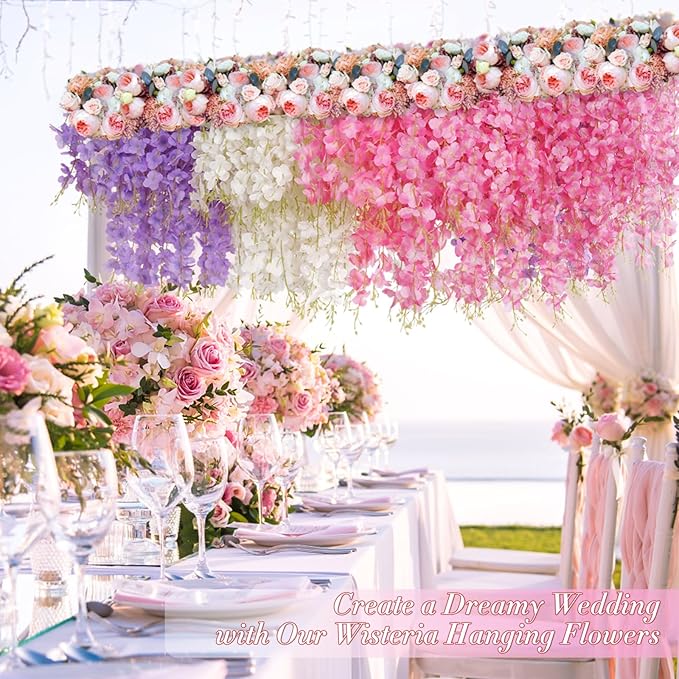 40 Pack Pink Purple White Wisteria Hanging Flowers, Fake Hanging Flowers for Decoration,Vines for Bedroom, Wisteria Flower Garland for Home ,Party,Wall,Wedding Decoration,Baby Shower(3.6 Ft/Pcs)