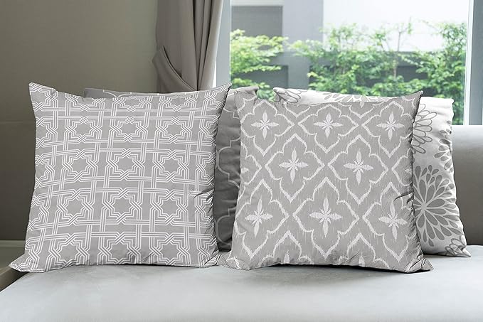 Ambesonne Vintage Throw Pillow Cushion Case Pack of 4, Monochrome Design Grid Trellis Quatrefoil Mesh and Dahlia Flowers Modern Print, Modern Accent Double-Sided Digital Printing, 20", Grey White