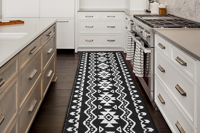 Custom Length Cut to Size Tribal Ethnic Southwestern Inspired Hallway Runner Rug, Non Slip Rubber Backed, 31 inch Wide X Customized Length, Aztec Black, 31 inch X 7 feet