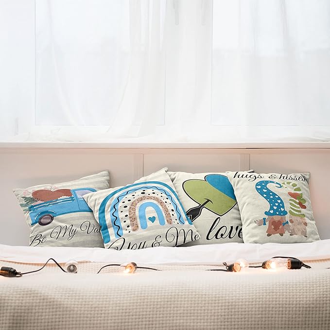 Ambesonne Romantic Throw Pillow Cushion Case Pack of 4, Love Hearts Arrow You and Me Be My Valentine Hugs Kisses Lettering, Modern Accent Double-Sided Digital Printing, 18", Ivory Blue and Olive Green