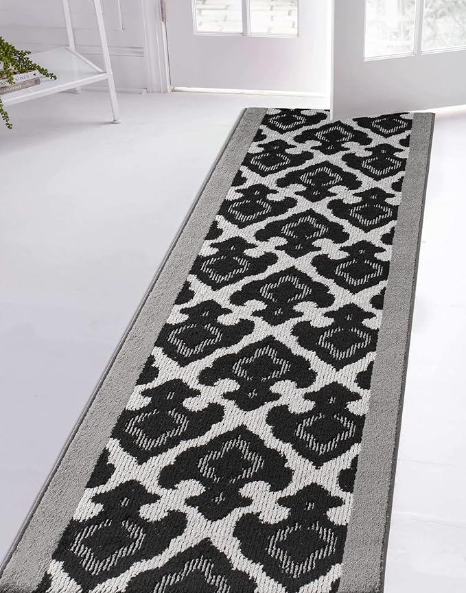 Custom Length Cut to Size Fleur de Lis Inspired Carpet Runner Rug for Hallways, Non Slip Rubber Backed, 31 inch Wide X Customized Length, Royal Grey, 31 inch X 16 feet