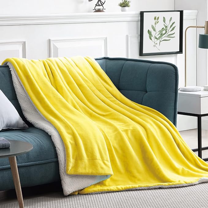 Walensee Sherpa Fleece Blanket (Twin Size 60”x80” Yellow) Plush Throw Fuzzy Super Soft Reversible Microfiber Flannel Blankets for Couch, Bed, Sofa Ultra Luxurious Warm and Cozy for All Seasons