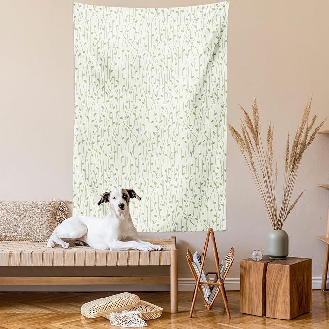 Lunarable Green and Beige Tapestry, Green Leaves on Skinny Tangled Sprigs Fresh Nature Theme Foliage, Wall Hanging for Bedroom Living Room Dorm Decor, 60" X 80", Pistachio Green