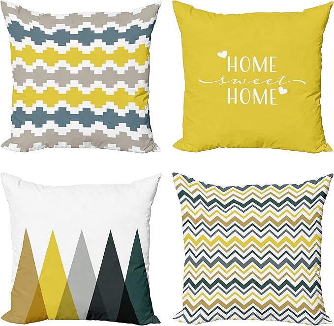 Ambesonne Modern Throw Pillow Cushion Case Pack of 4, Geometric Style Pattern of Triangles Zigzags Love Home Phrase Print, Modern Accent Double-Sided Digital Printing, 24", Yellow Slate Blue and Tan
