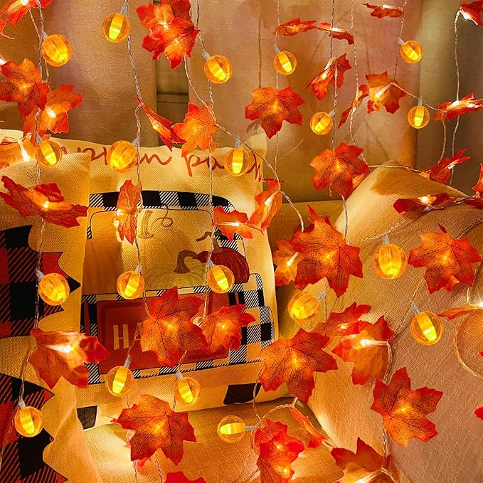 3 Pack Thanksgiving Decorations Fall Garland with Pumpkin Lights & Enlarged Maple Fall String Lights Pumpkin Decor, 30Ft 60LED Waterproof Battery Operated Christmas Fall Thanksgiving Decor for Home