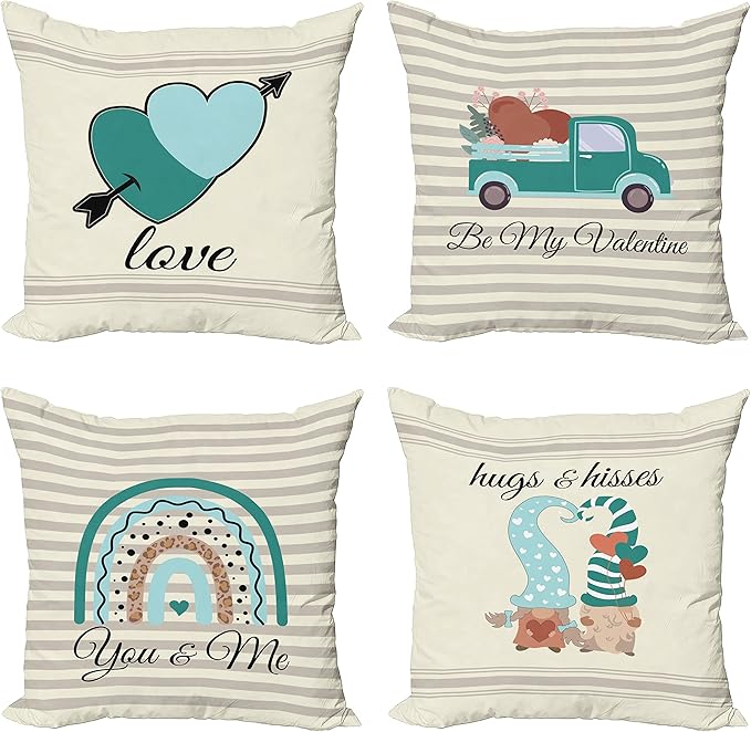 Ambesonne Romantic Throw Pillow Cushion Case Pack of 4, Love Hearts Arrow You and Me Be My Valentine Hugs Kisses Lettering, Modern Accent Double-Sided Digital Printing, 18", Teal Ivory Pale Eggshell