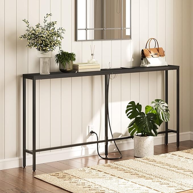 63" Console Table with Power Outlet, Narrow Sofa Industrial Entryway Behind Couch Table with USB Ports for Entryway, Hallway, Foyer, Living Room, Bedroom, Black CTHB16E01
