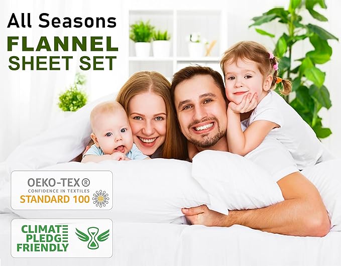 RUVANTI Flannel Sheets Queen Size - 100% Cotton Double Brushed Bed Sheets, Deep Pockets 16 Inches Queen Sheet Set, All Seasons Breathable & Extra Soft - Warm & Cozy, 4 Piece, Cloud Nine