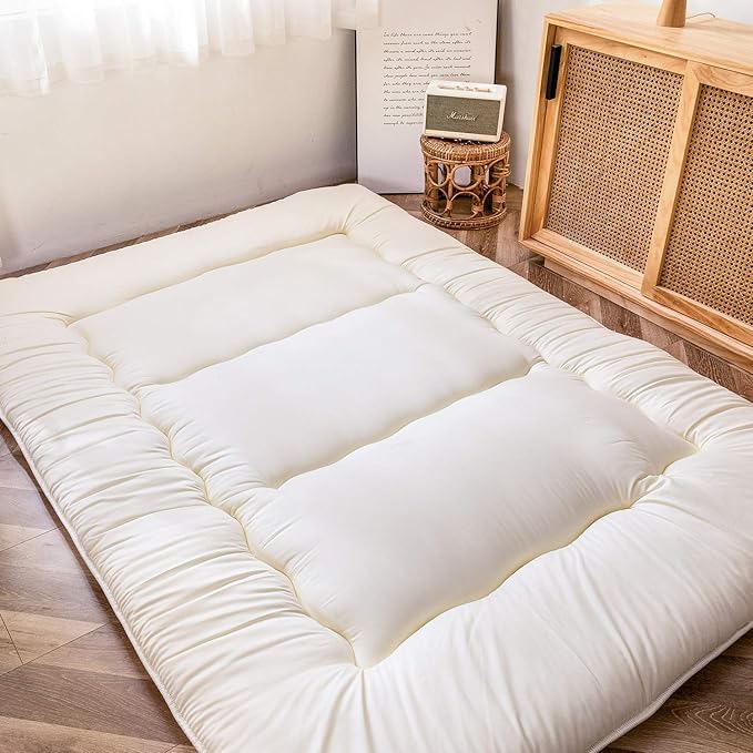 MAXYOYO Japanese Floor Mattress Futon Mattress, Thicken Sleeping Pad Foldable Roll Up Floor Futon for Adults Tatami Mat Dormitory Bed Lounger, Off White, Twin Size