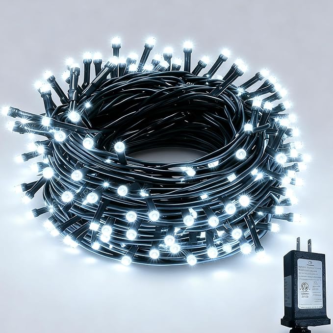 500 LEDs 172ft Green Cable Wire Christmas Light Fairy String Tree Twinkle Lights Plug in 12 Modes for Christmas Party, Outdoor, Garden, Wedding, Home Decoration (White)