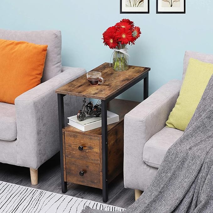 HOOBRO End Table, Narrow Chairside Table with Drawer and Open Storage Shelf, Nightstand for Small Spaces, Stable and Sturdy Construction, Wood Look Accent Furniture, Rustic Brown and Black BF548BZ01G2