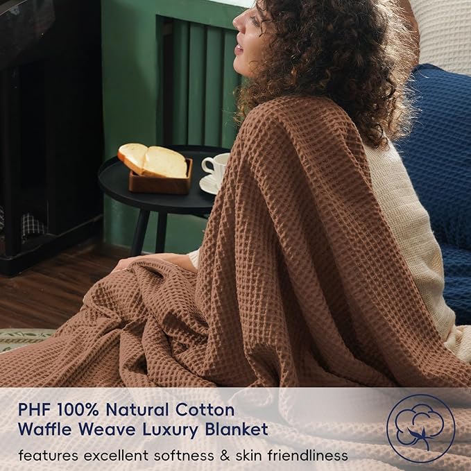 PHF Pre-Washed Cotton Waffle Weave Family Blanket,Oversized King Size 120"x 120"-Snag Proof Lightweight Breathable, 10'x 10' Huge Extra Large Big-Elegant Aesthetic Home Decoration Gift,Cappuccino