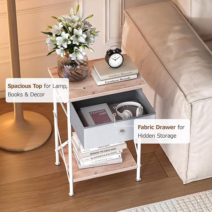 VECELO Nightstand with Drawer, Small Bedside Table with Storage and Adjustable Metal Legs, Wood End Table for Bedroom or Living Room, Perfect for Small Spaces and Modern Farmhouse Décor, Light Brown