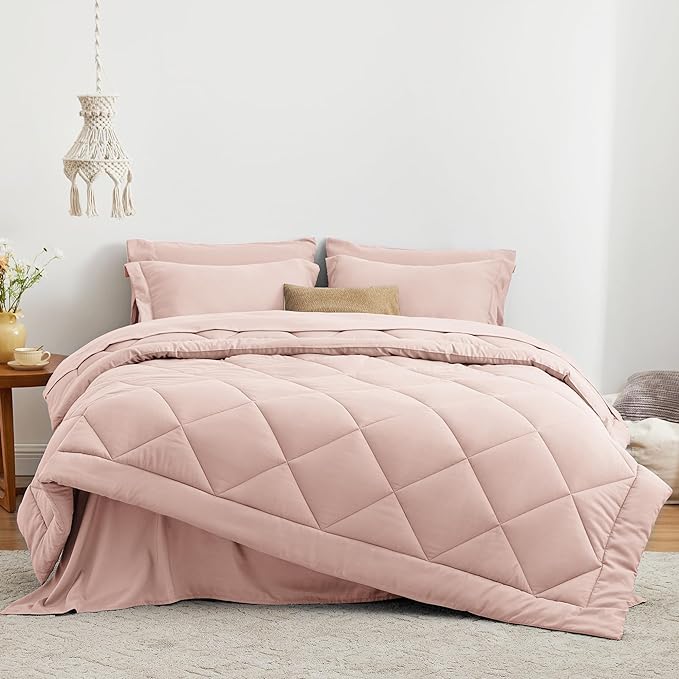 Love's cabin Twin Comforter Set Pink, 5 Pieces Twin Bed in a Bag, All Season Bedding Sets with 1 Comforter, 1 Flat Sheet, 1 Fitted Sheet, 1 Pillowcase and 1 Pillow Sham