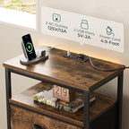 Huuger 5 Drawers Dresser with Charging Station, Set of 2, Dresser for Bedroom, Tall Night Stand, Chest of Drawers with Open Shelf, Bedside Table Nightstand, Fabric, Rustic Brown