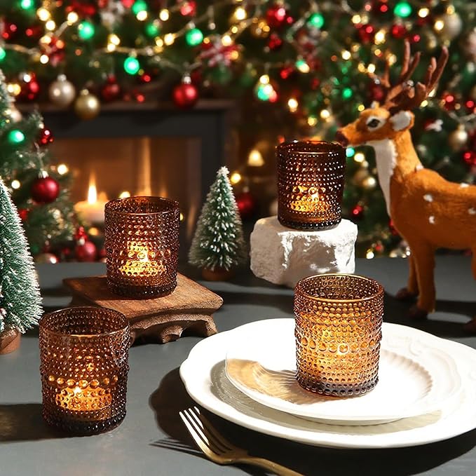 48pcs Amber Votive Candle Holders Votive Candles for Table, 2x2.5in Vintage Glass Small Tea Light Candles Holders for Candle Making Holder, Tealight Candle Holder for Wedding Centerpieces