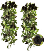 RECUTMS Hanging Flowers Black Artificial Rose Flower 2PCS 3.3Ft for Outdoors with 30 LED Fairy String Lights Fake Indoor Wall Wedding (Black)