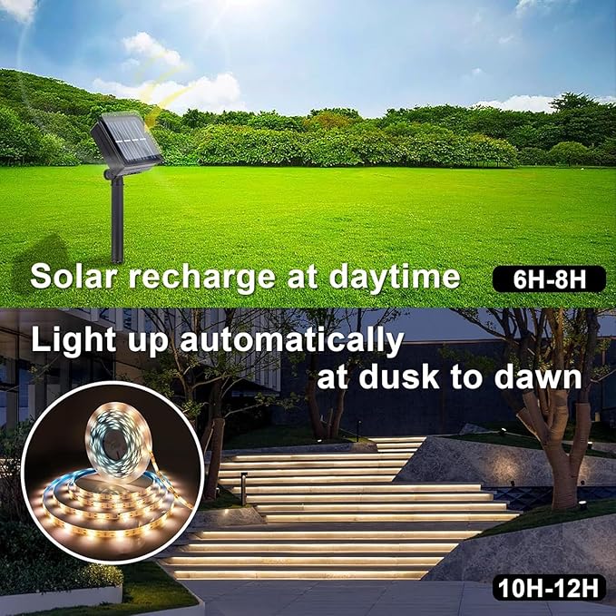 Solar LED Strip Lights Outdoor String Light Waterproof 20FT 180LED Cuttable Tape Rope Solar Lighting for Garden Path, Deck, Yard, Stair, Step, Christmas Decorative Lighting 2 Packs
